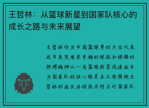王哲林：从篮球新星到国家队核心的成长之路与未来展望