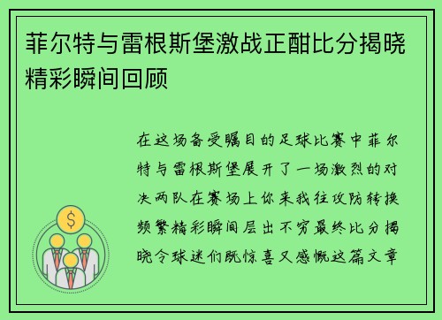菲尔特与雷根斯堡激战正酣比分揭晓精彩瞬间回顾
